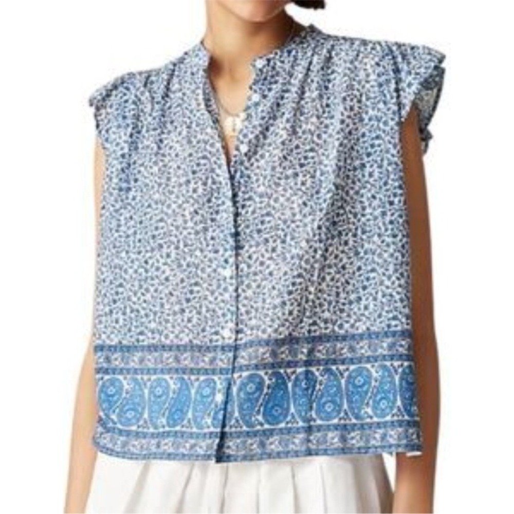 J. Crew Blue White‎ Floral Paisley Cap Sleeve Button Up Shirt Top Size L NWT $90 - Picture 2 of 12